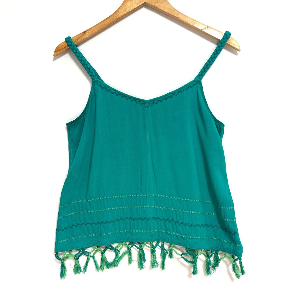 Aerie Tank Top Teal Green Boho Embroidered Tassel‎ Fringe Festival Summer S